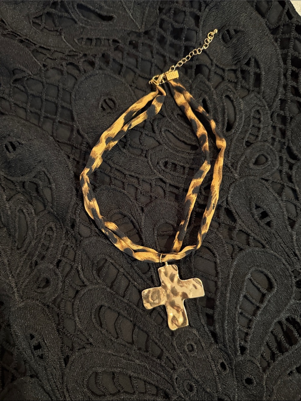 Leopard Print Fabric Choker Necklace with Gold Cross Pendant